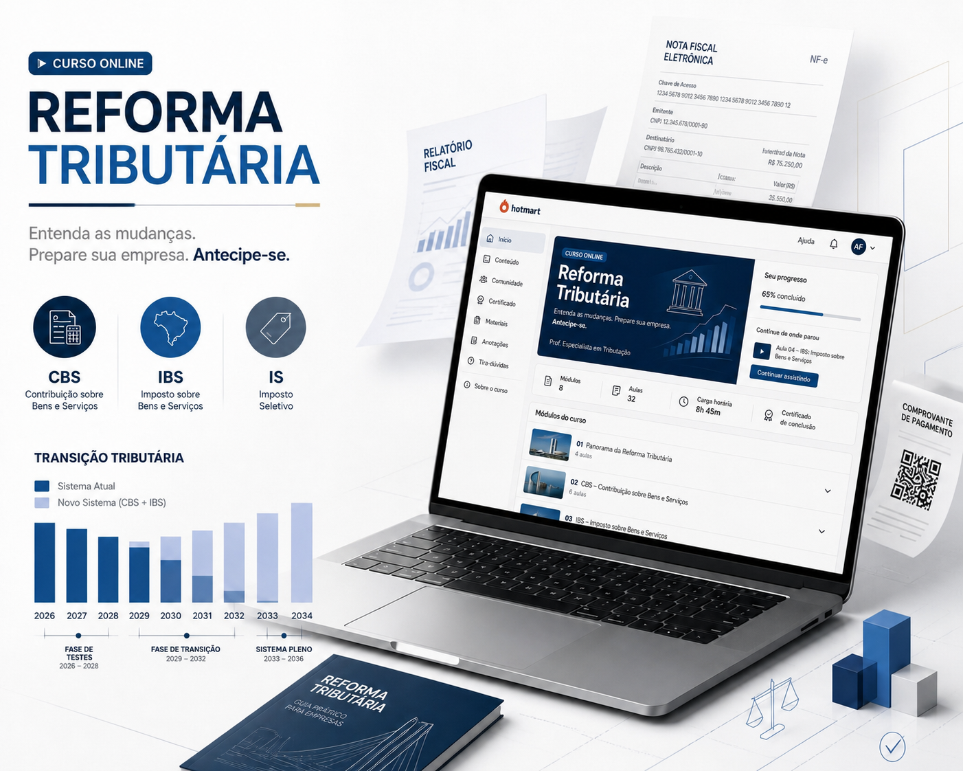 Painel do curso de Reforma Tributária com dashboard, documentos fiscais, CBS, IBS e Imposto Seletivo